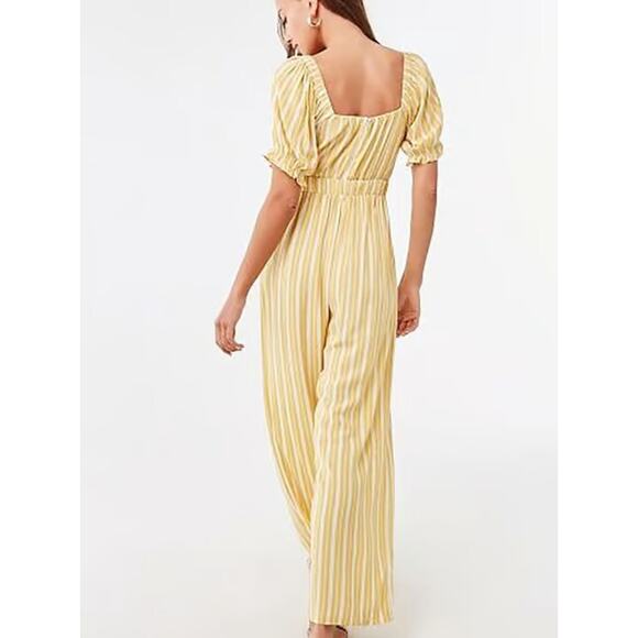 Forever 21 Medium Yellow Cream Stripe Tie Front Ruffle Sleeve Wide Leg Jumpsuit - Picture 2 of 9
